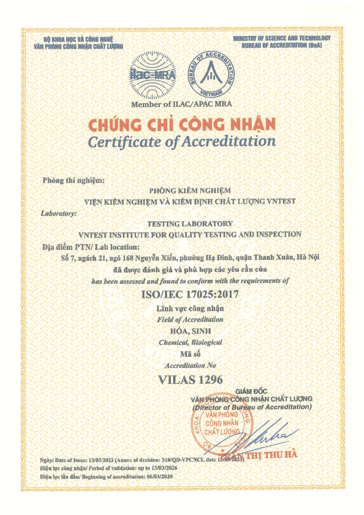 Vntest được công nhận ISO 17025